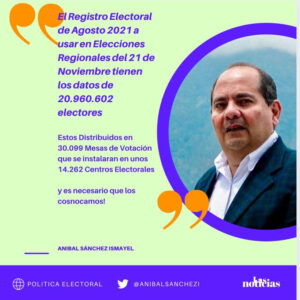 Elecciones 21N: @AnibalSanchez “20 Millones 960 Mil 602 electores están convocados a 14.262 Centros donde funcionarán 30.099 Mesas”