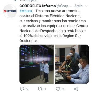 Otro apagón más: Ya van tres días seguidos que la han quitado de 3 a  5 horas en todo sur occidente de Venezuela