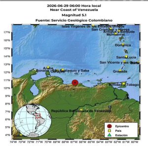 Se registró sismo de 5.1 cerca de la costa de Venezuela este #29Jun